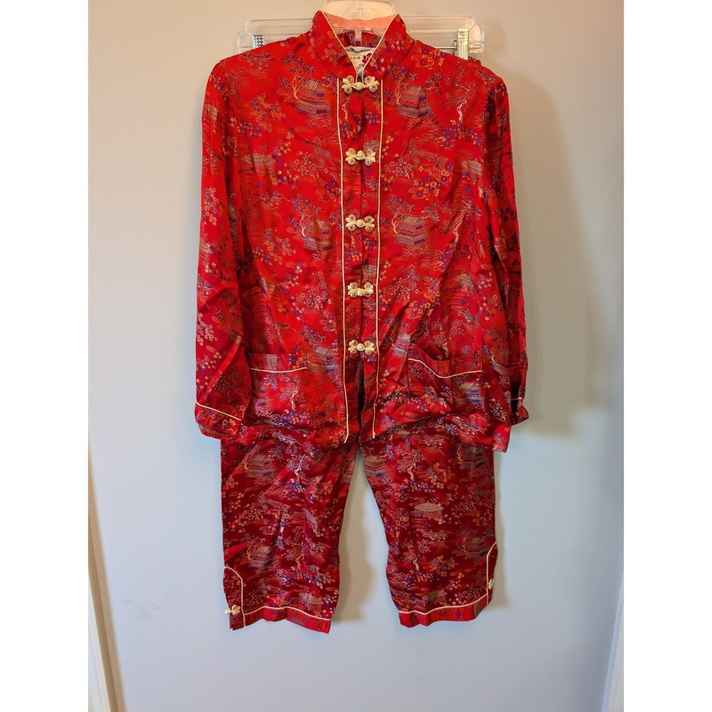 VTG Peony rayon satin Pajama set Tang suit Chinese landscape  frog Closures sz M